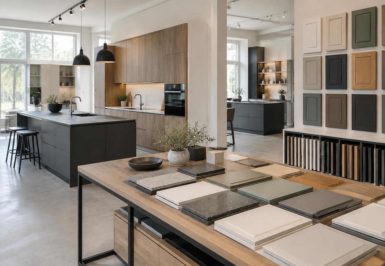 Showroom s vystavenými kuchyněmi a vzorky materiálů
